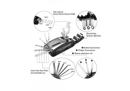 Мульти-ключ  16 предметов, черный / серебристый 