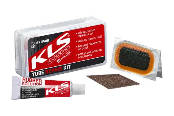 Велоаптечка KLS Repair kit, пластиковый бокс (8 заплат, металлический скребок, клей 5 мл, мел)